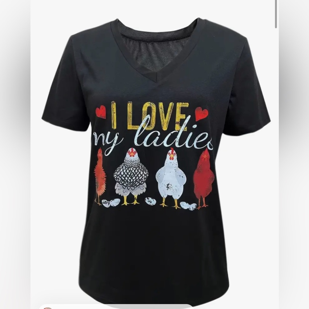 Chicken V-Neck Short Sleeve T-Shirt Black I Love My Ladies